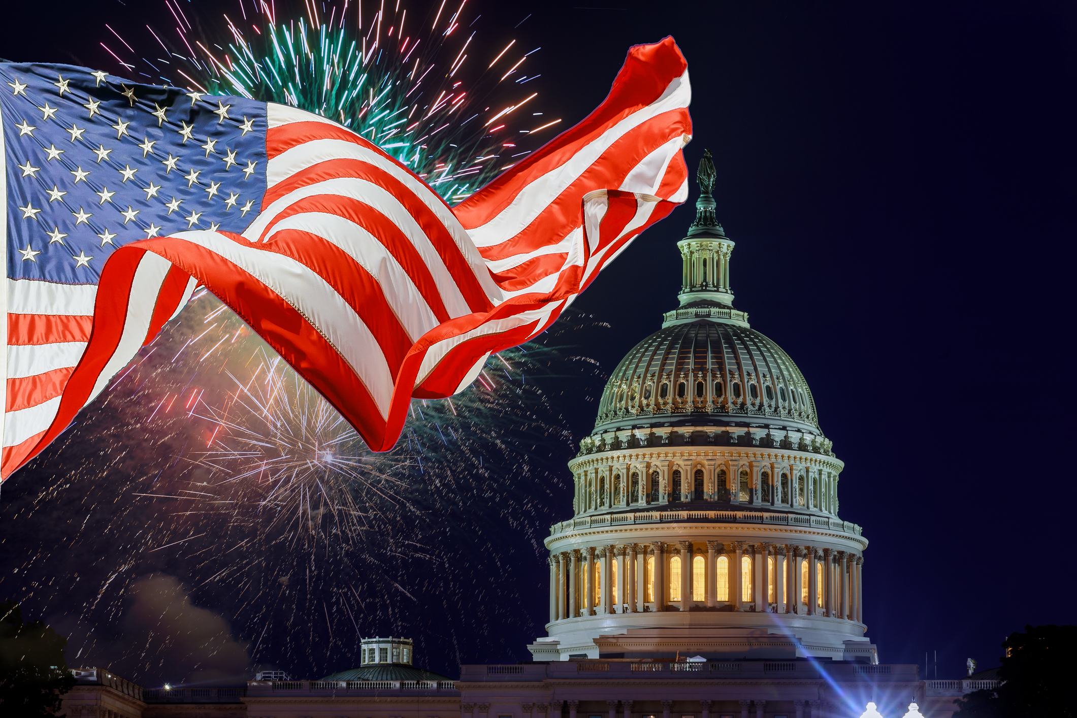 Congress with a flag and fireworks in the background